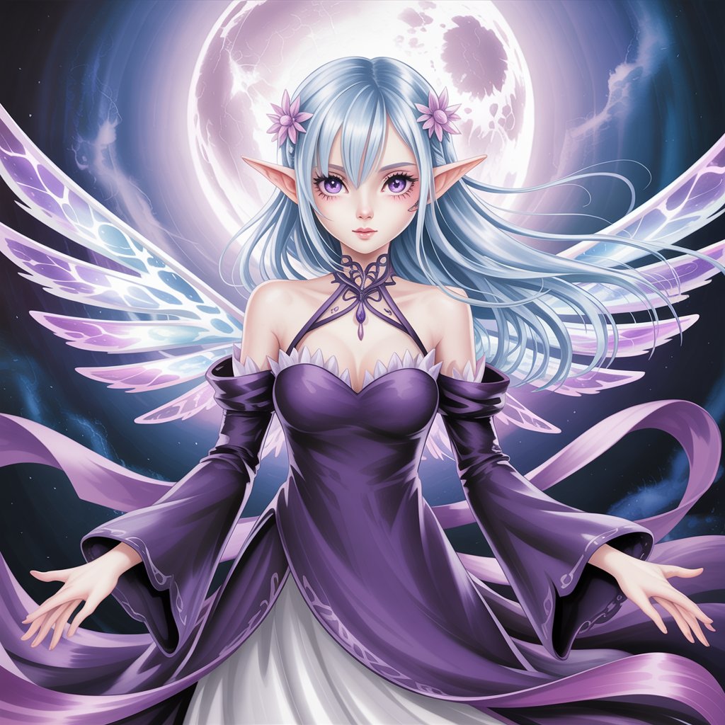Satella from Re:Zero, half-elf, long silver hair, amethyst eyes