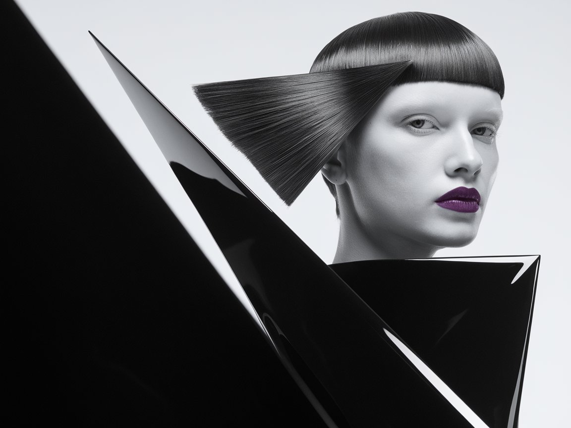 A high-fashion, black and white shot of a white woman with a severe, geometric haircut, like a sharp,