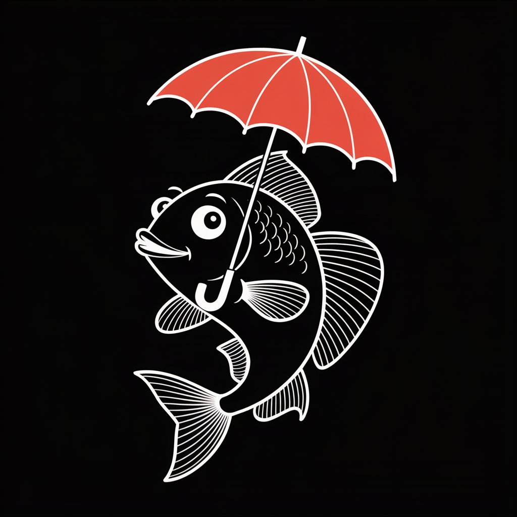 Black background with white drawing of a fishwith an umbrella. No shading, clean line illustration.